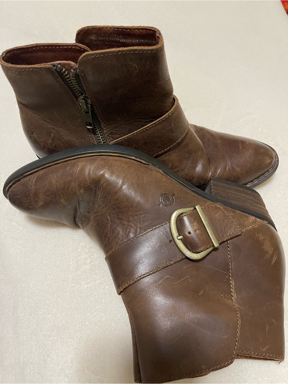 Born Brown Leather Ankle Booties with Side Zip and Buckle - Picture 7 of 9